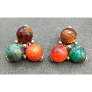 Vintage Kramer Gold Tone Multi Color Bead Clip On Earrings